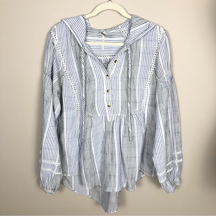 Free People gauzy white blue stripe pullover top hoodie balloon sleeve baggy M