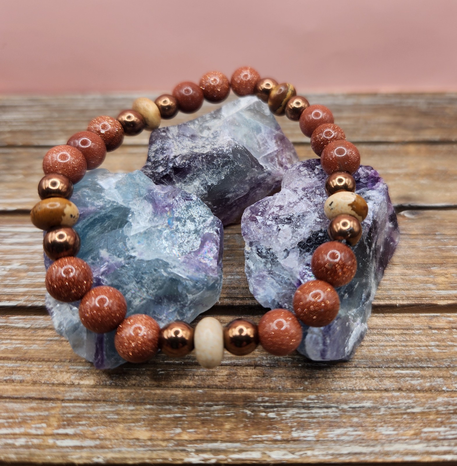 Goldstone, Picture Jasper and Copper Hematite Beaded Bracelet