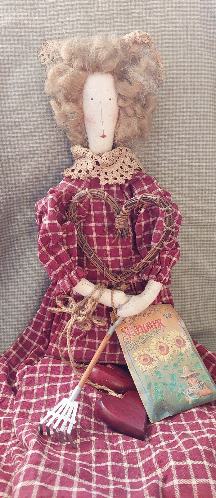 Rustic Primitive Homespun Gardener Rag Doll Mohair Shelf Setter 28