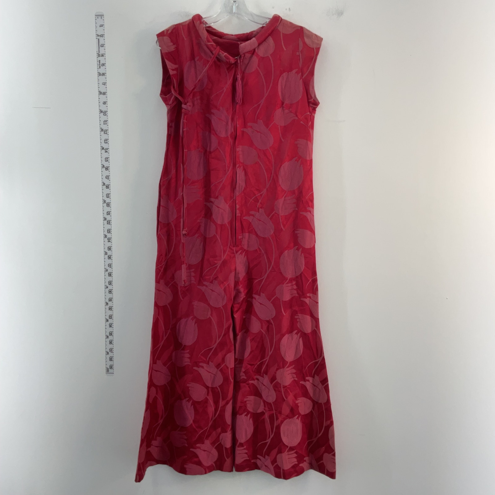VTG 1970s Tyrone Red Pink Floral Jacquard Women's Jumpsuit Sz 8 - Cotton/Acetate