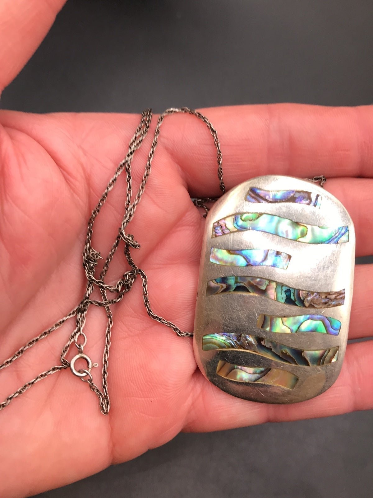 HVY VTG STERLING SILVER ABALONE SHELL NECKLACE #504