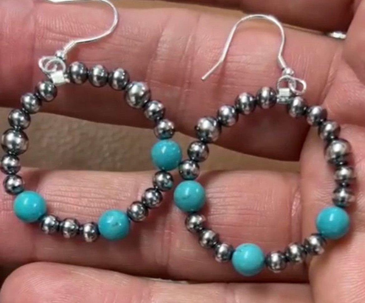Sterling Navajo Pearl & Turquoise Hoops