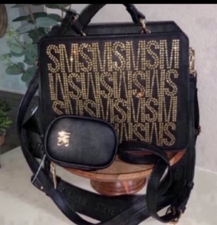 Steve Madden BEvelyn Rhinestone Logo Gold Satchel Crossbody Bag