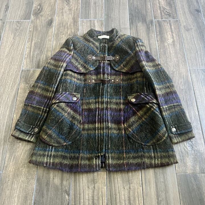 Whistles Wool Plaid coat green purple blue buckles size 8