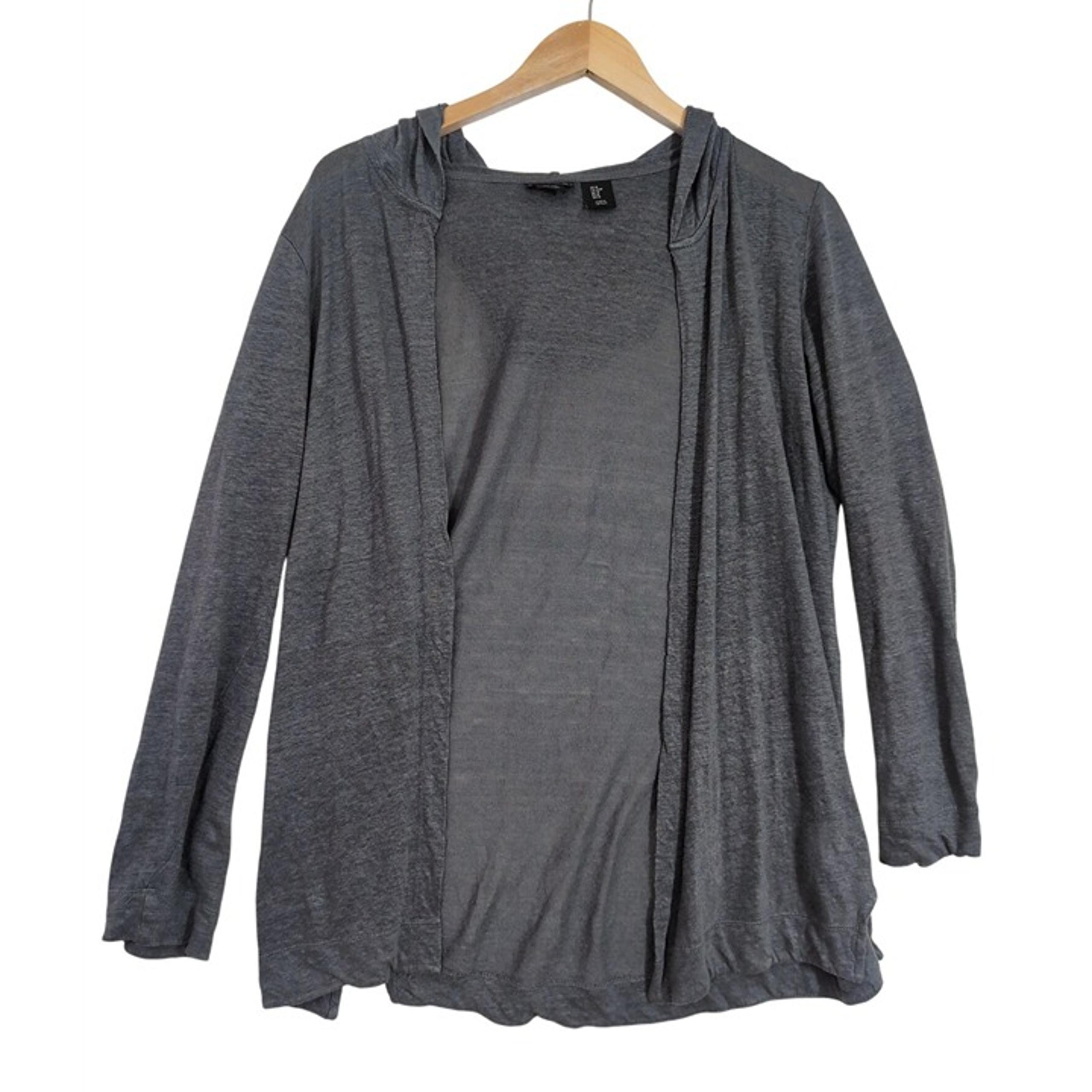 Tahari Open Front Hooded Cardigan Womens S Gray Linen Lightweight Beachy Travel