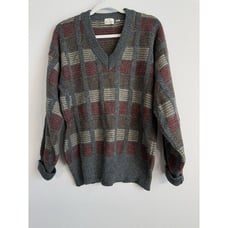 Vintage Neiman Marcus Brown Maroon Gray Color Block Wool V-Neck Sweater Size L