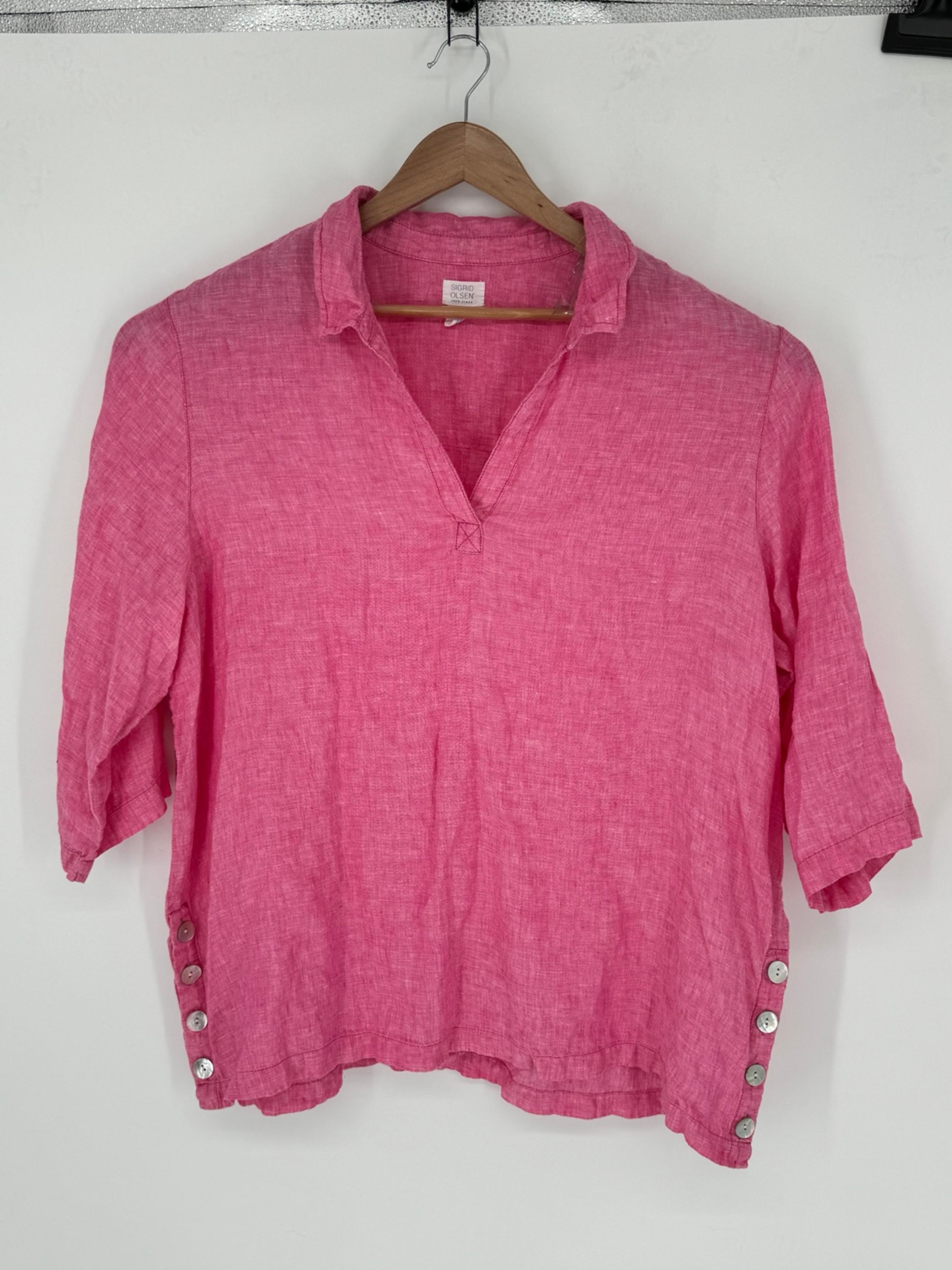 Sigrid Olsen Tunic Top Women’s 2X PLUS Pink 100% Linen V-neck 3/4 Sleeves Q4