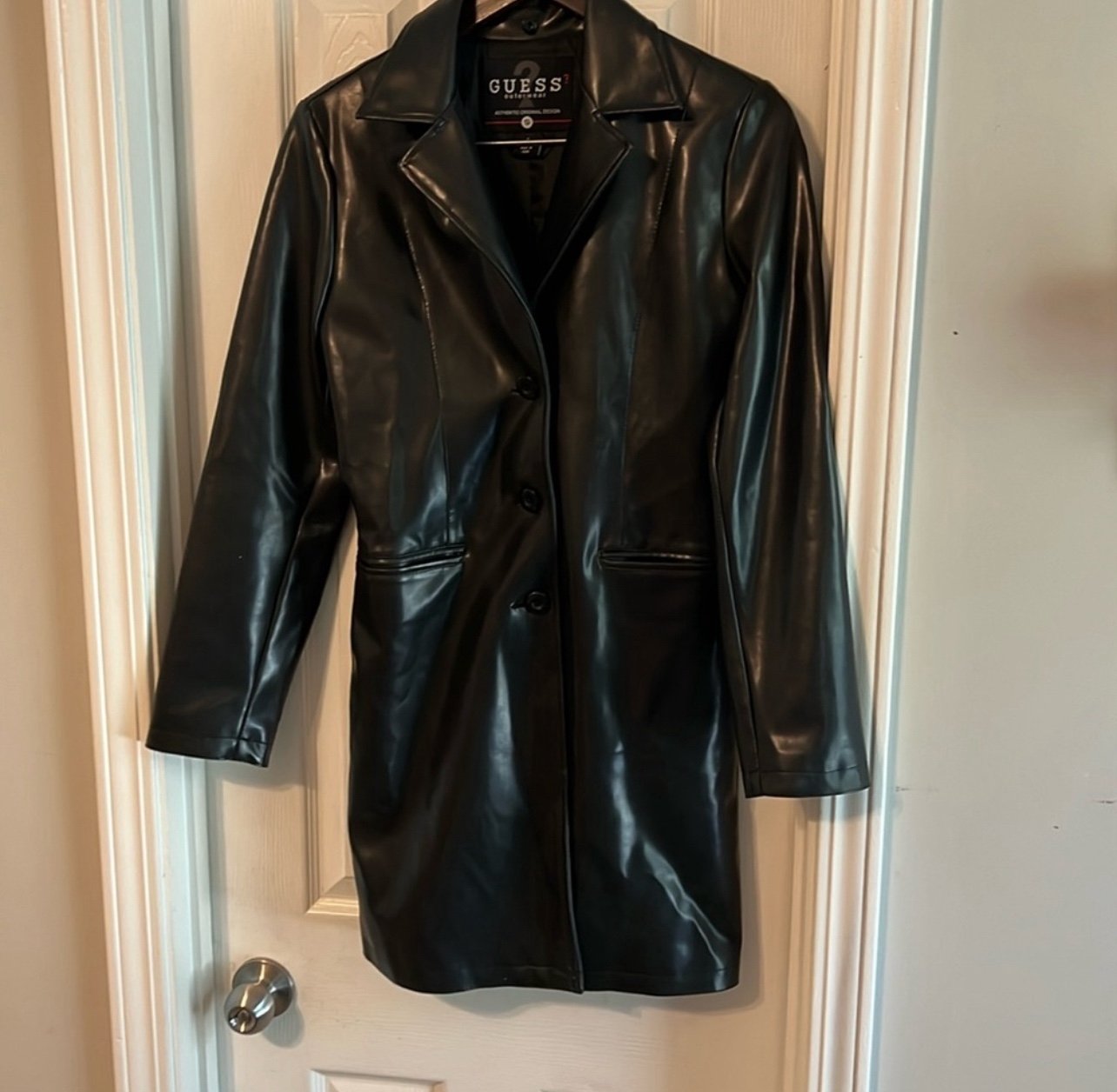 Very Nice and Stylish Black Leather Like Long Coat Women’s Size S by Guess