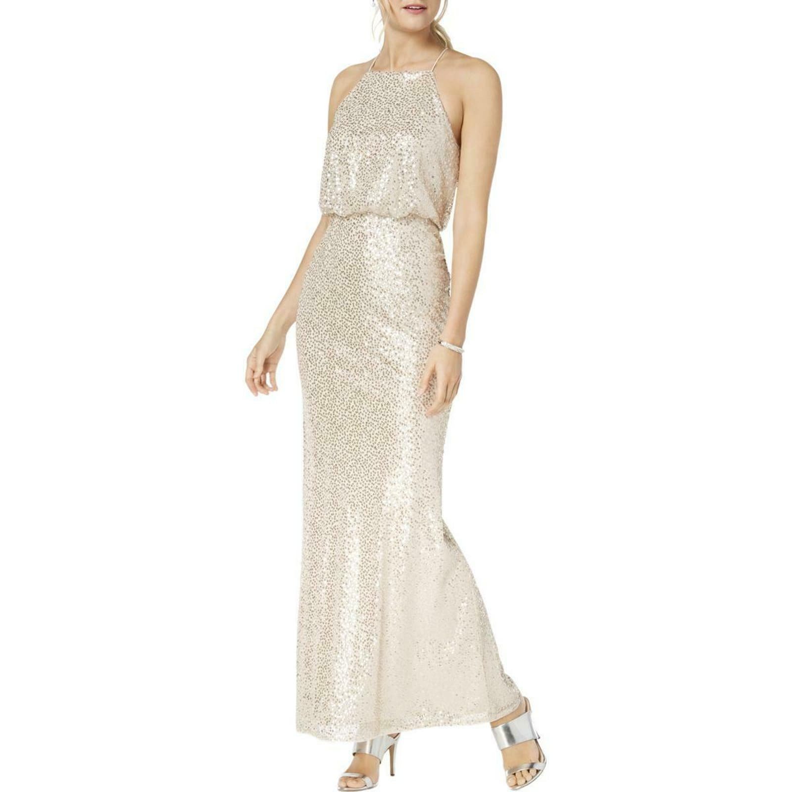 Adrianna Papell Women Nude Sequined Blouson Halter Formal Gown Sz10M 179