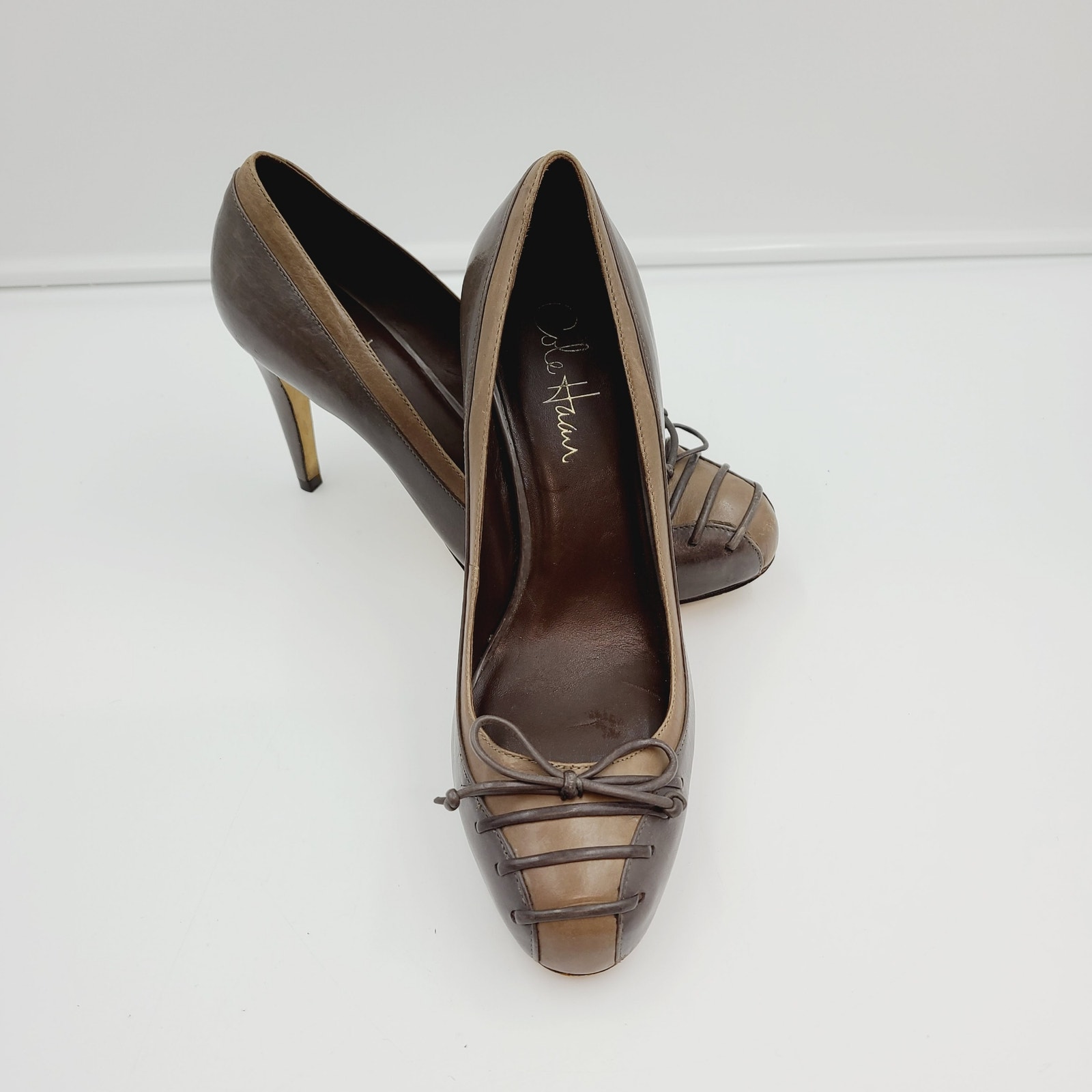 Cole Haan Pump Brown Leather Bow Lace Up Heels Brazil, Womens 6.5B PRE-OWNED
