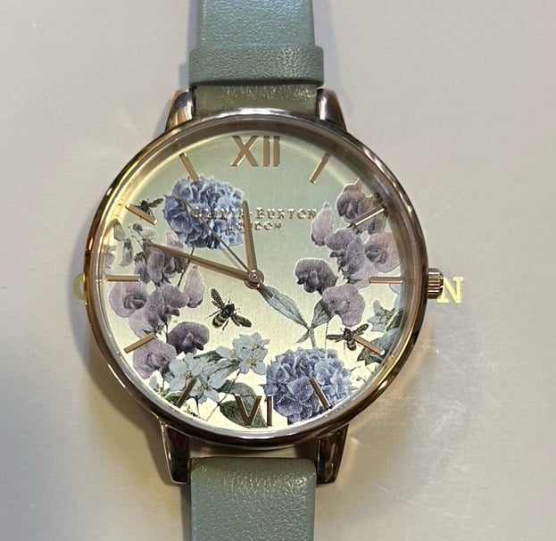 OLIVIA BURTON ENCHANTED GARDEN WATCH WITH 38mm SILVER FLORAL FACE & GREY BAND