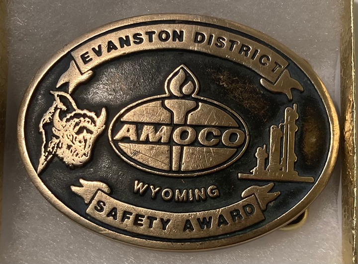 Vintage 1987 Metal Belt Buckle, Brass, Amoco, Wyoming, Evanston District