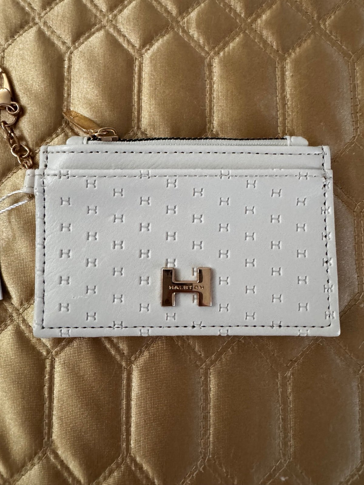 Halston monogram card holder coin H letter print beige