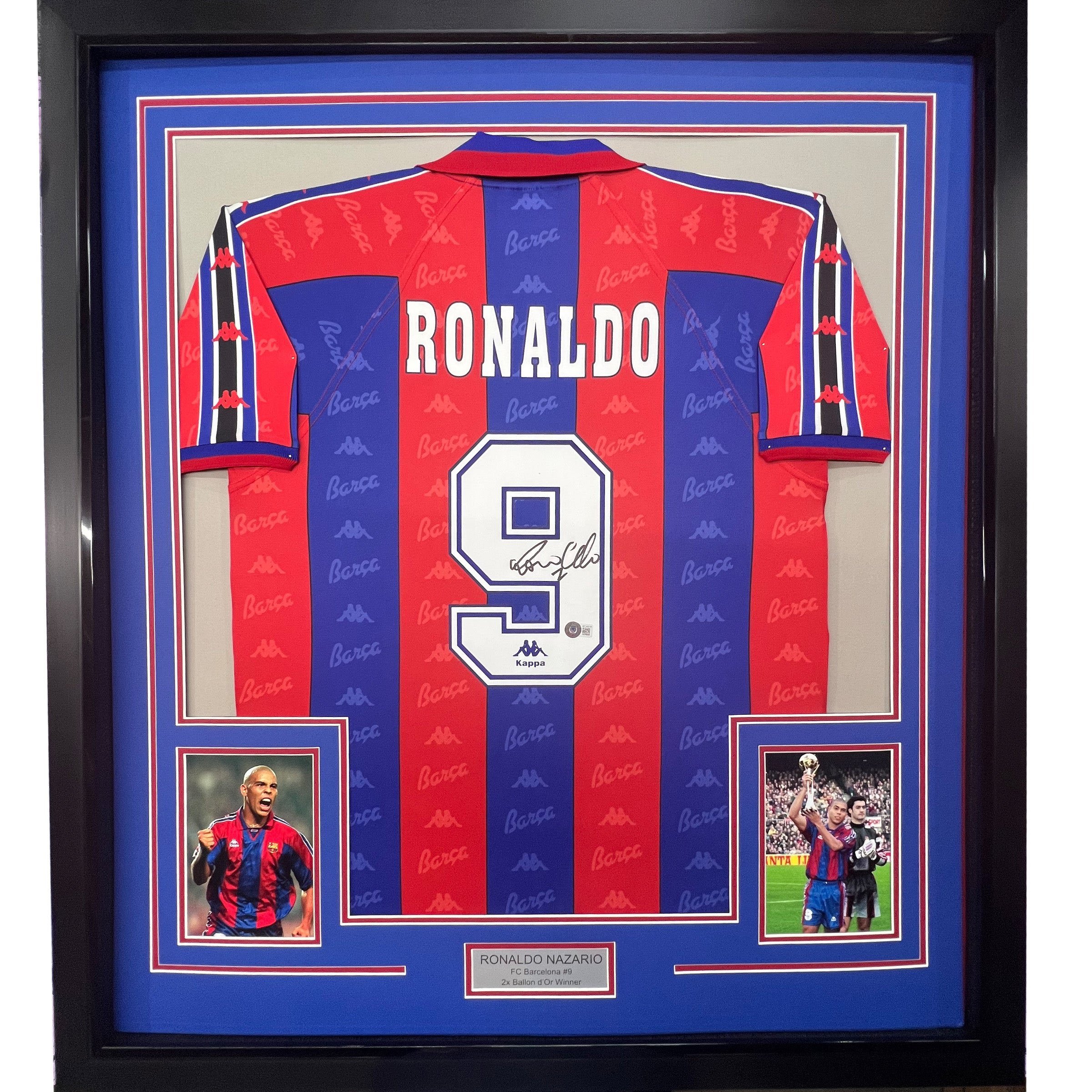 Framed Autographed/Signed Ronaldo Nazario 35x39 FC Baelona Red/Blue Soccer Jers