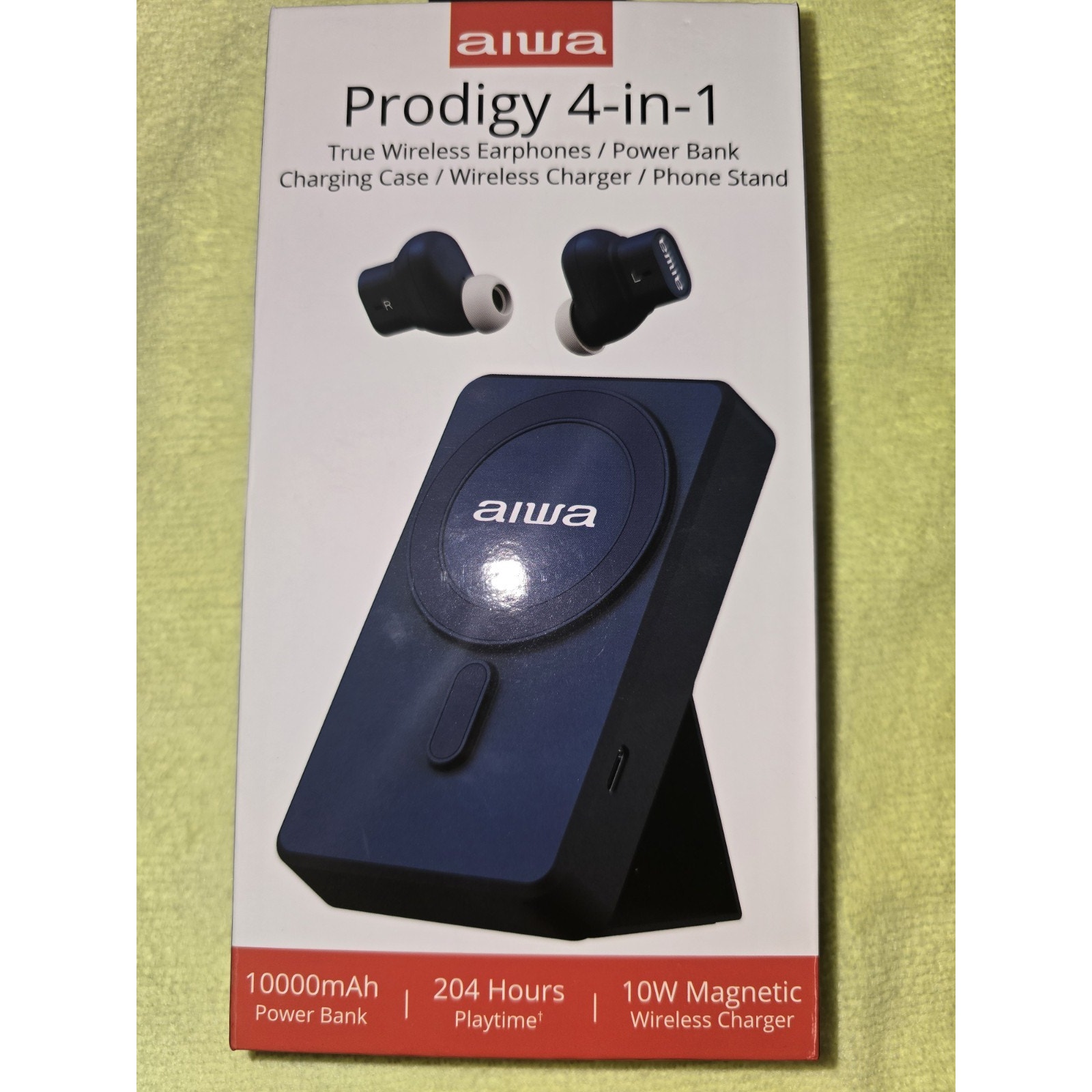 AIWA Prodigy 4-in-1 Wireless Earbuds, 10,000 mgh Powerbank, Phone Stand-Blue