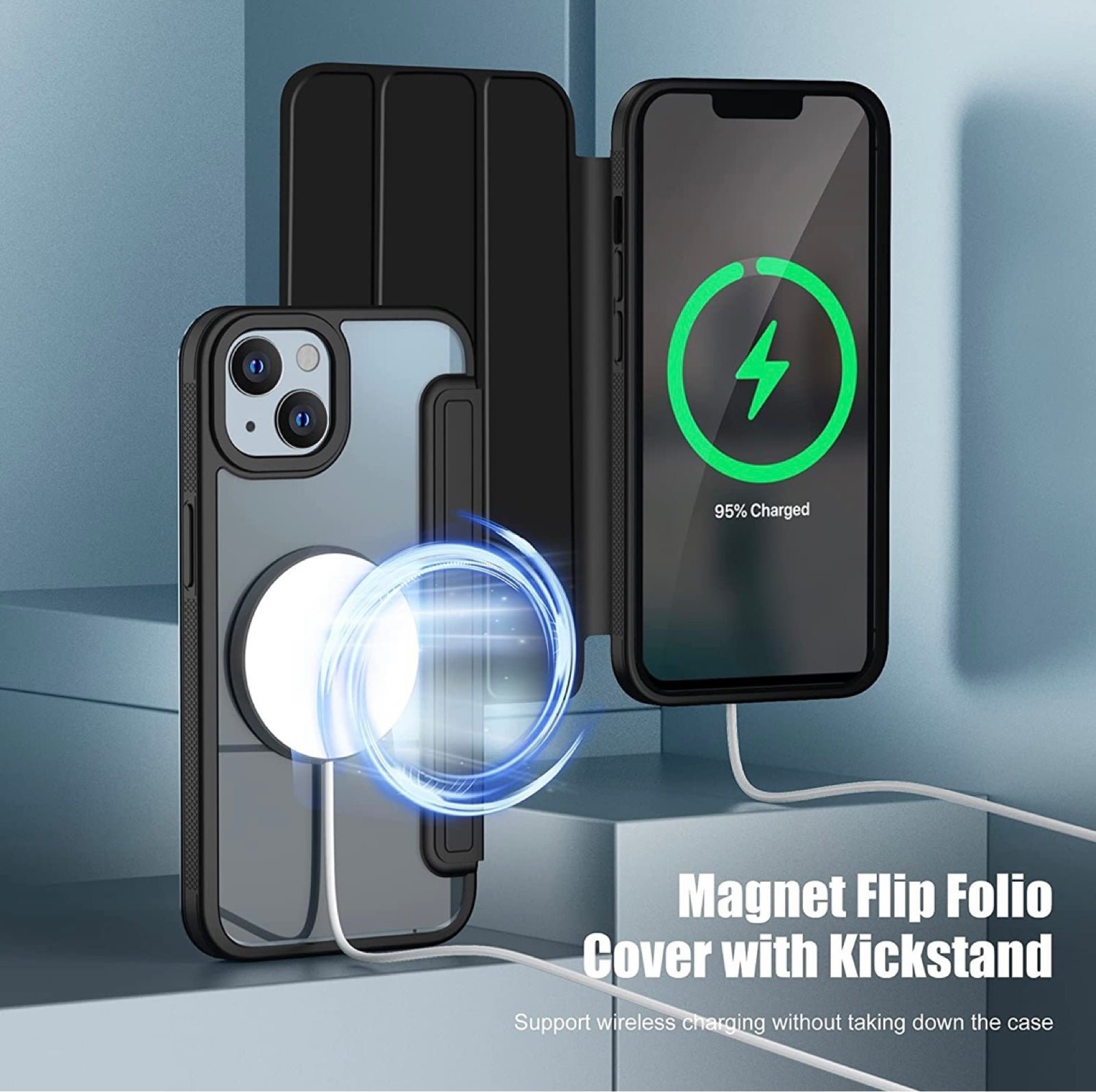 iPhone 13 magnetic foldable kickstand shock defender case with charging pad