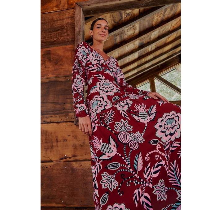 Farm Rio Pineapple Inspiration Burgundy V Neckline Maxi Dress