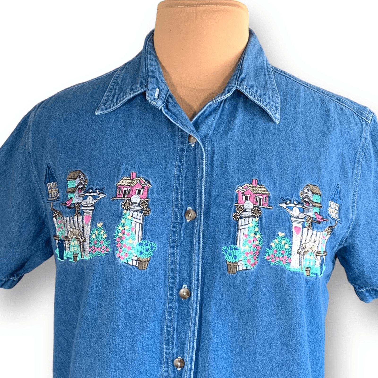 Vintage 90s Bobbie Brooks Chambray Denim Shirt Cat Garden Floral Bird Embroidery