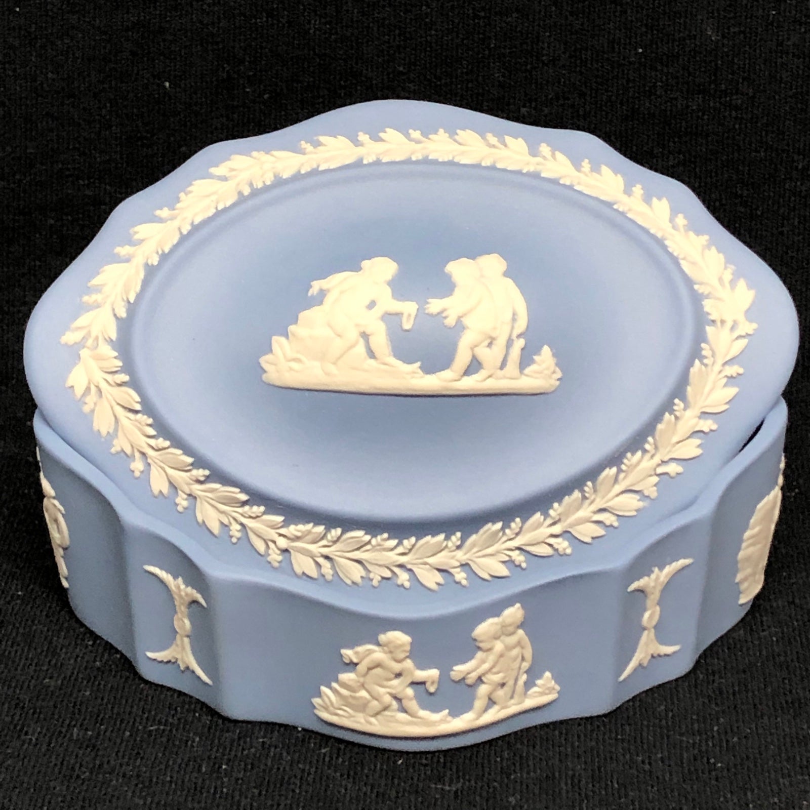 Wedgwood Pale Blue Jasperware Trinket Box Scalloped Box w/Lid Cupids Christmas