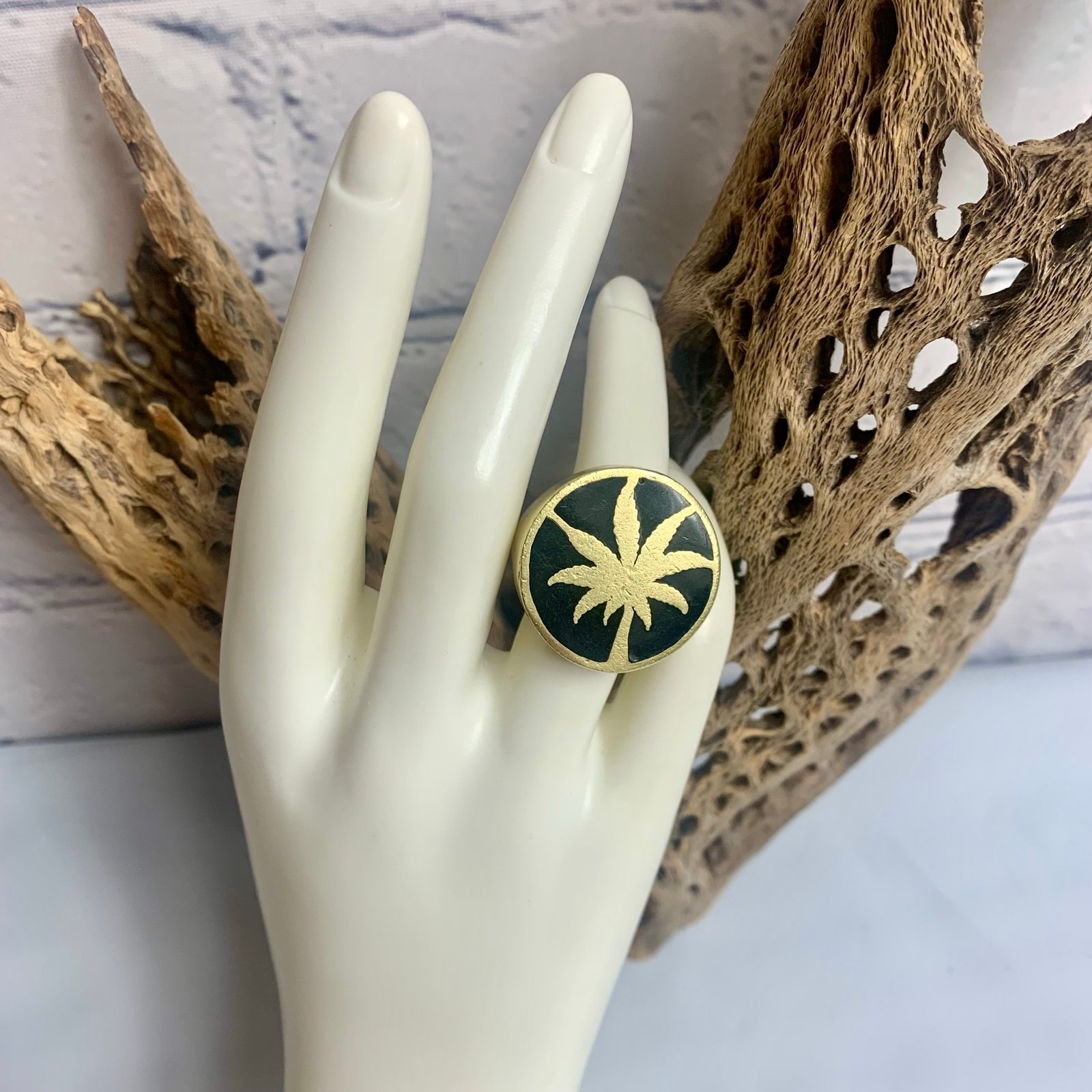 Vintage Brass Black Enamel WEED Ring