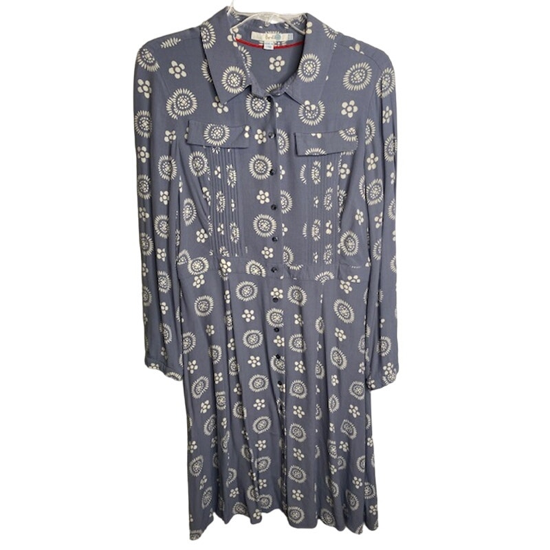 Boden Gray & White Floral Button Down Long Sleeve Dress Size 10R