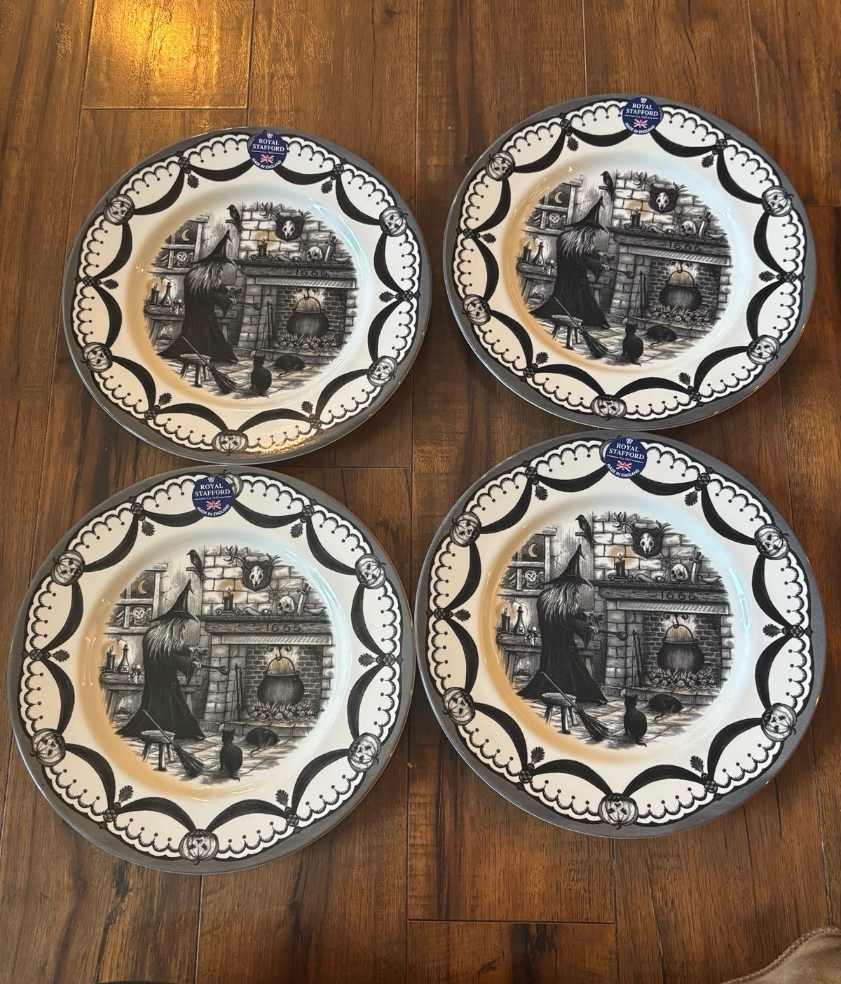 Royal Stafford Set 4 With Black Cat Spell Dinner Plates