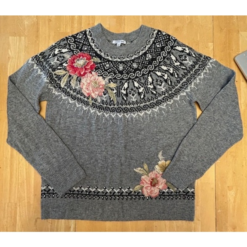 Johnny Was  Sammy Fairisle Pullover Boho Wool Cashmere Blend Gray Sweater SZ M