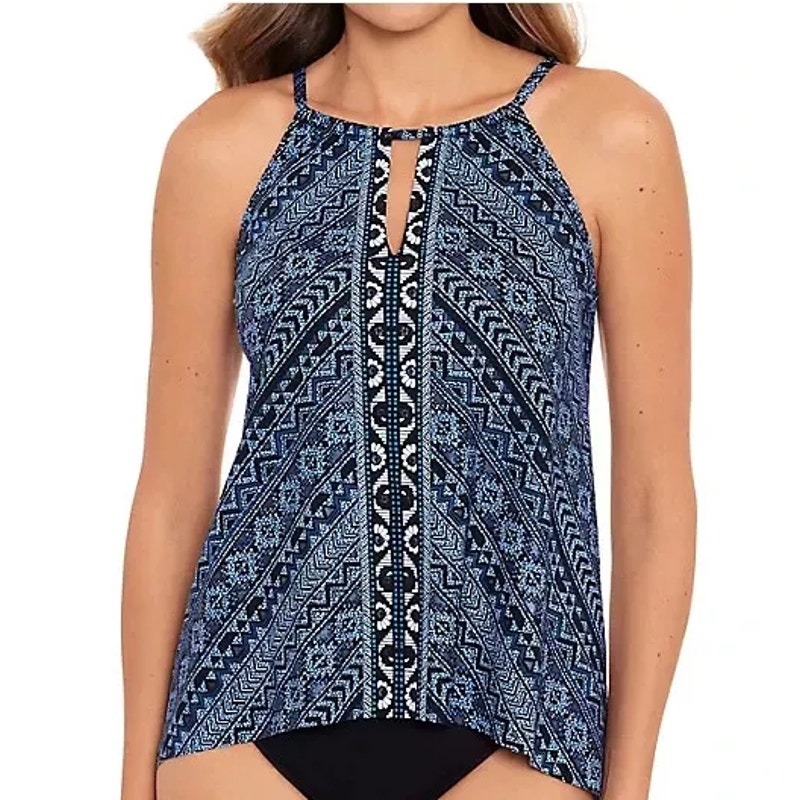 Miraclesuit Paillette Peephole High Neck Tankini Top Size 14 Blue Stripe New