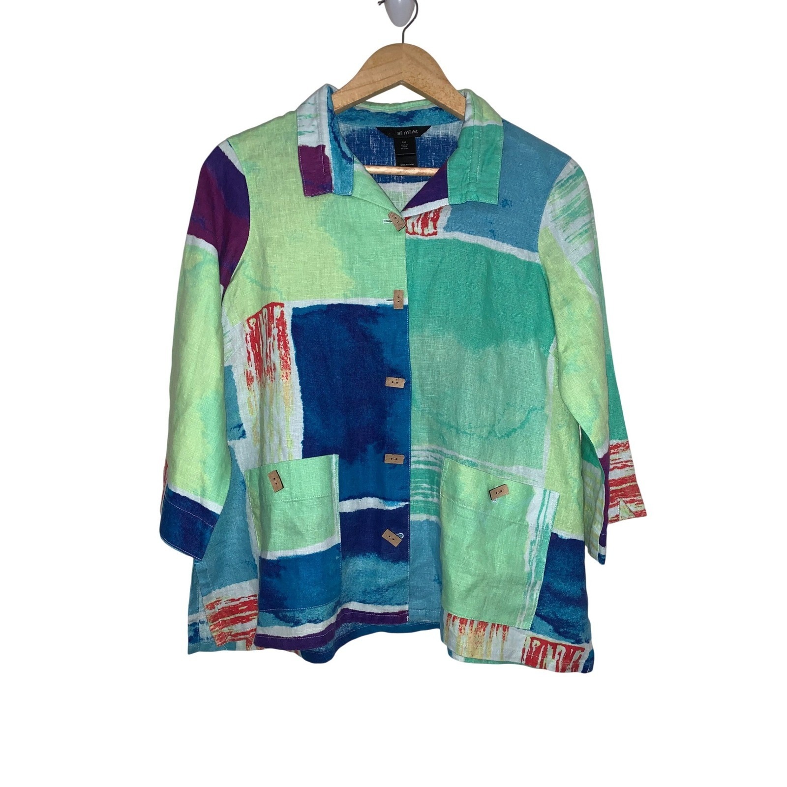 Ali Miles RARE Pattern 100% Linen Petite M Wearable Art Blue Green