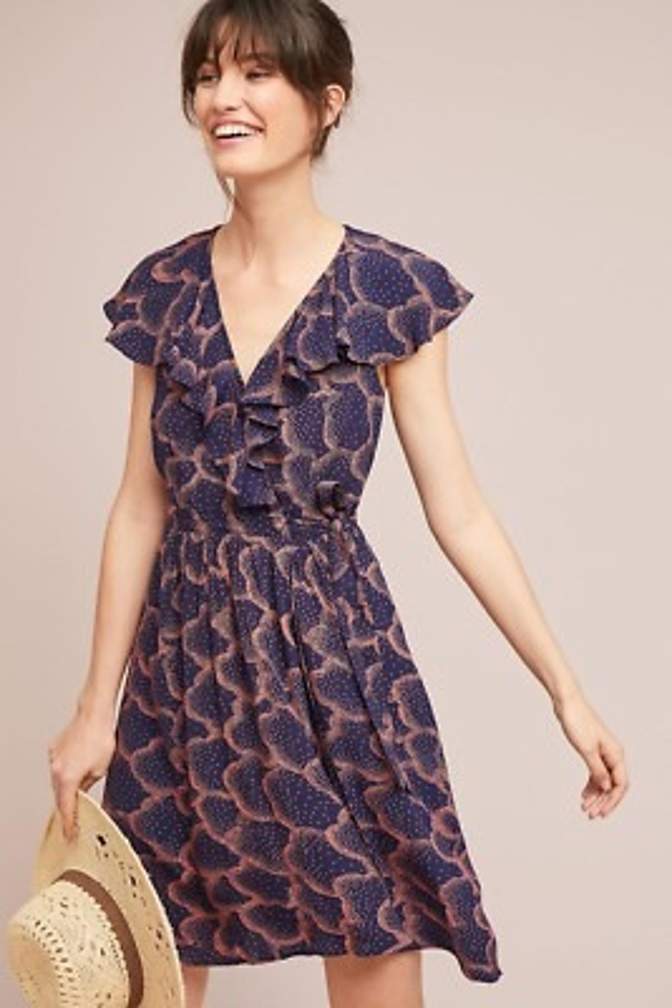 Anthropologie Rosalia Mini Dress Women's 8 Navy Faux Wrap Ruffle Romantic - Maeve
