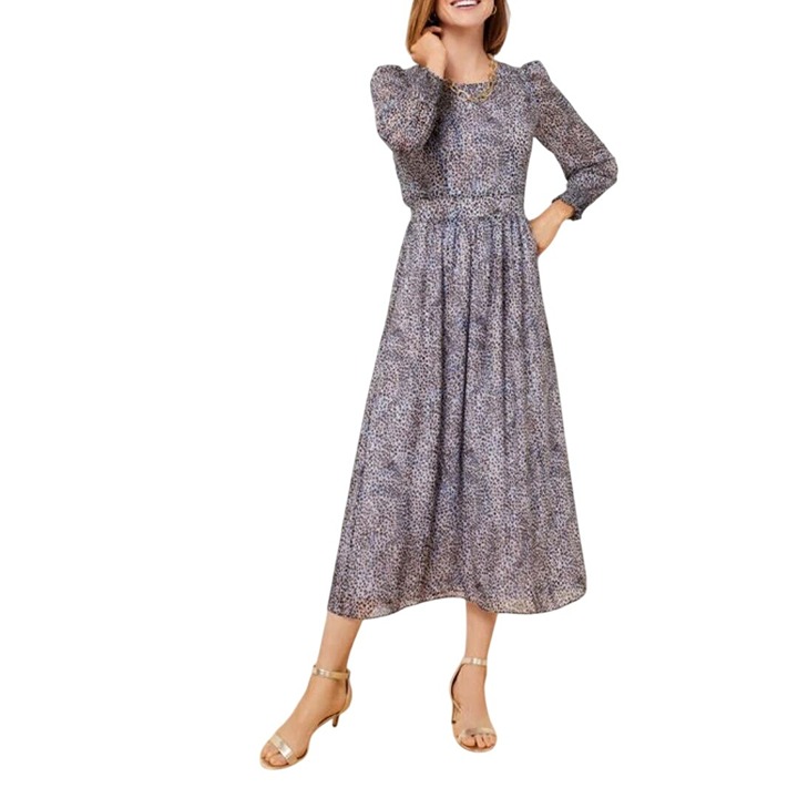 Talbots NWT Smocked Fit & Flare Leopard Dot Midi Dress Blue Gold Size 2p