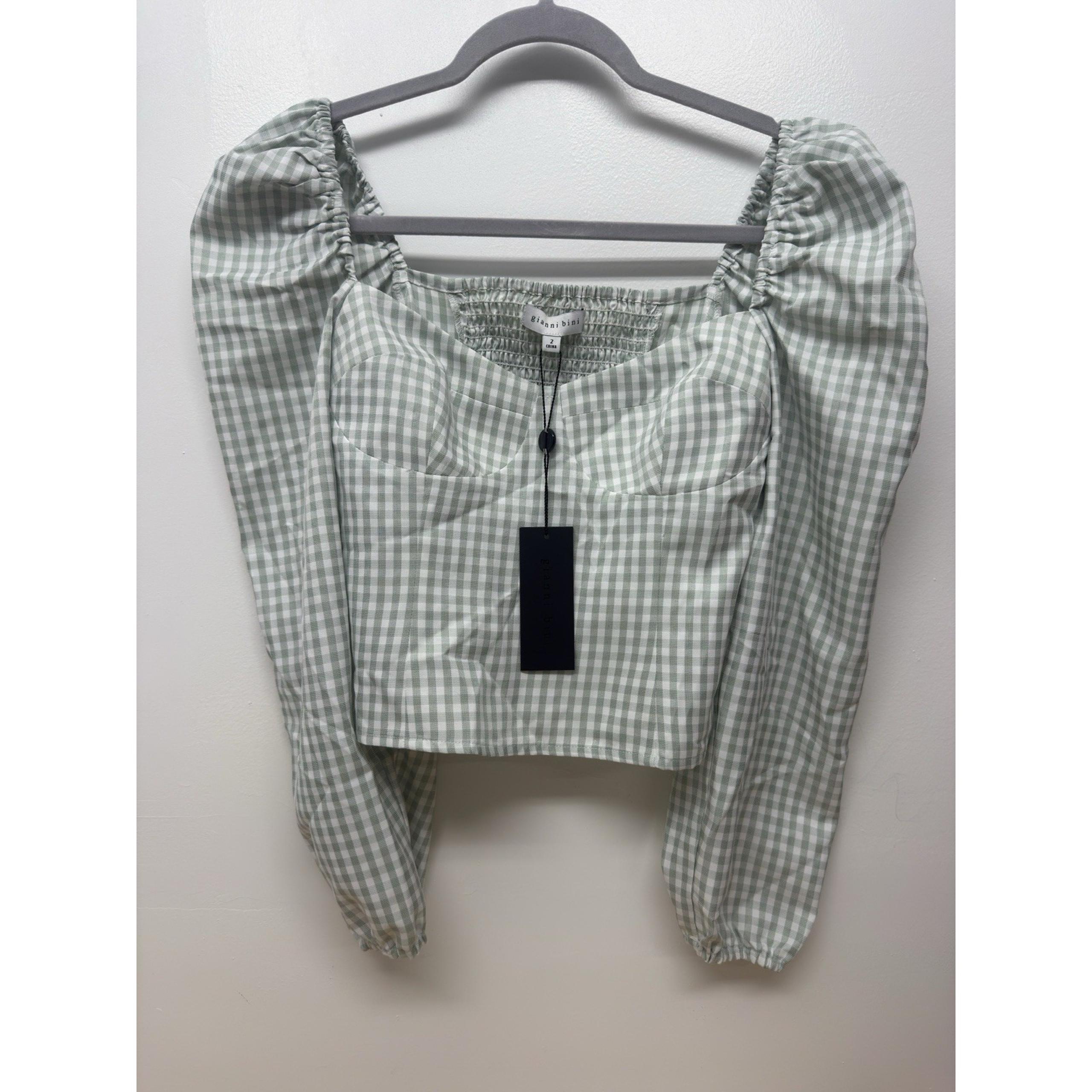 New Gianni Bini Top Women's Size 2 Green Ivory Gingham Check Cropped #49