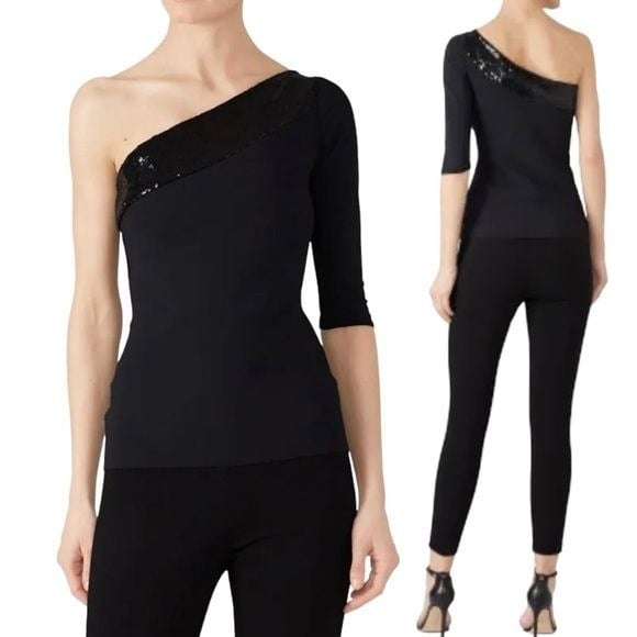 Chiara Boni Womens One Shoulder Sequined Blouse Size 48 US 12 Black Glam Party