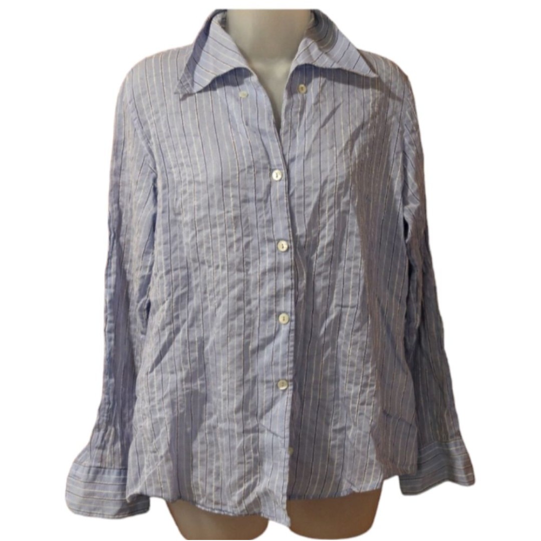 Vintage Burberry's Blue Textured Stripe Button Down Blouse 12 100% Cotton Italy