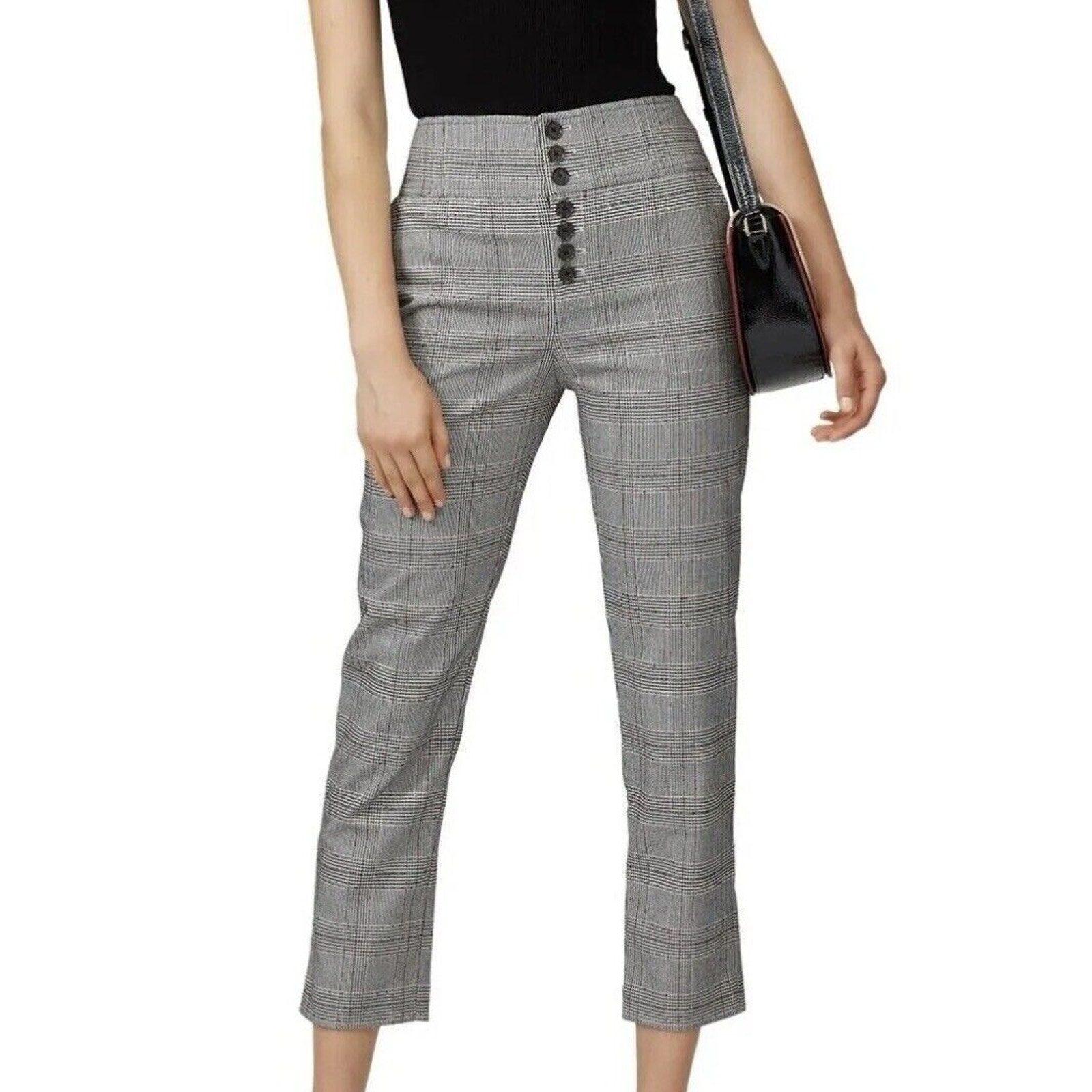Joie Abony Glen Plaid Cropped Straight Leg Buttons Trousers High Waiste Size 6