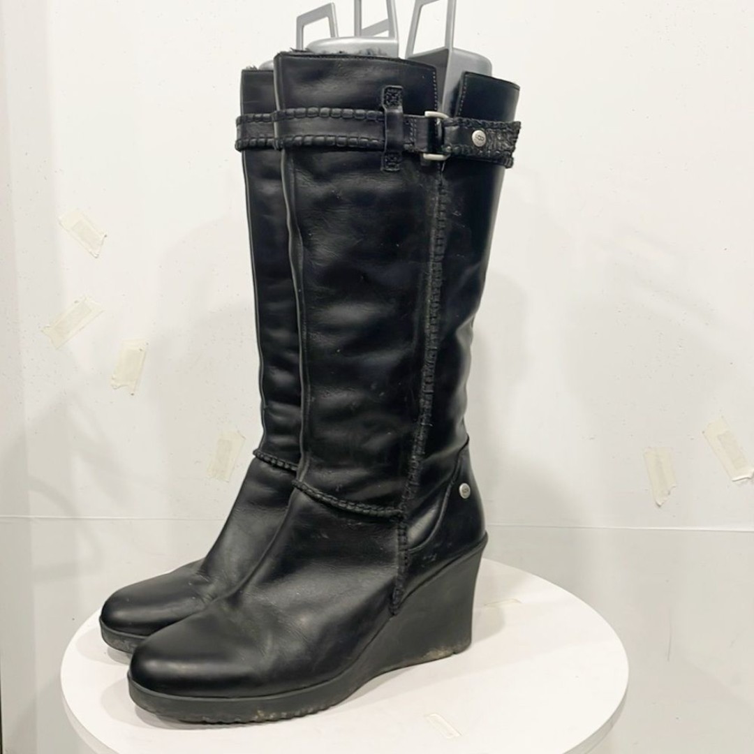 UGG Maxene Wedge Boot Tall Genuine Leather Sherpa Lined Black Sz 9 Womens