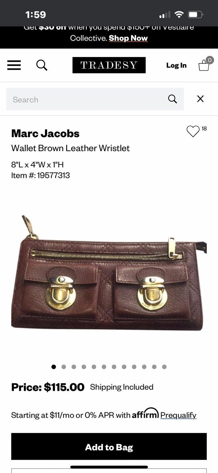 AUTHENTIC MARC JACOBS brown leather WRISTLET