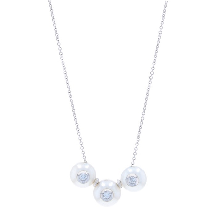 Galatea Cultured Pearl & Diamond Three-Stone Necklace 18 White Gold 14k RR0895