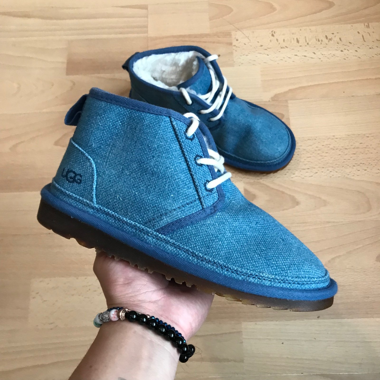 UGG Neumel Mens Ankle Chukka Boots Size 6.5 Natural Indigo Blue Lace Up New Fur.