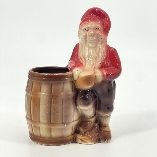 Vintage Christmas Elf Gnome Tomte Nisse Ceramic Pot Toothbrush Holder Vase Jul