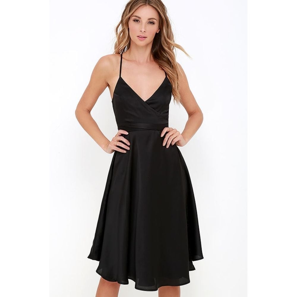 Lulus Black Fit Flare Cocktail Dress Spaghetti Straps V-Neck Party Formal Large