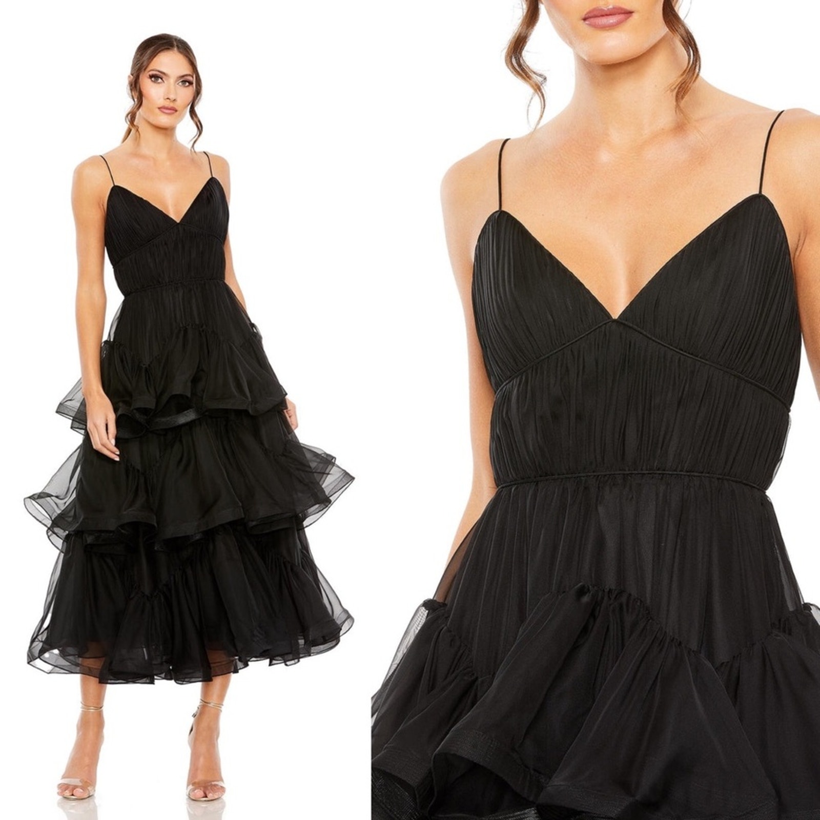 Mac Duggal Black Tiered Chiffon V Neck Ruched Organza Black Midi #68411 Dress 2