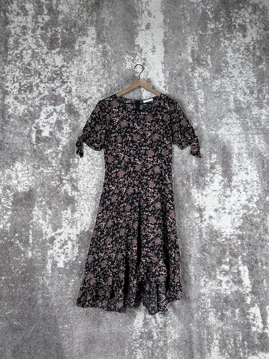 Calista Dress Large Womens Black Floral Short Sleeve Midi A Line Flare