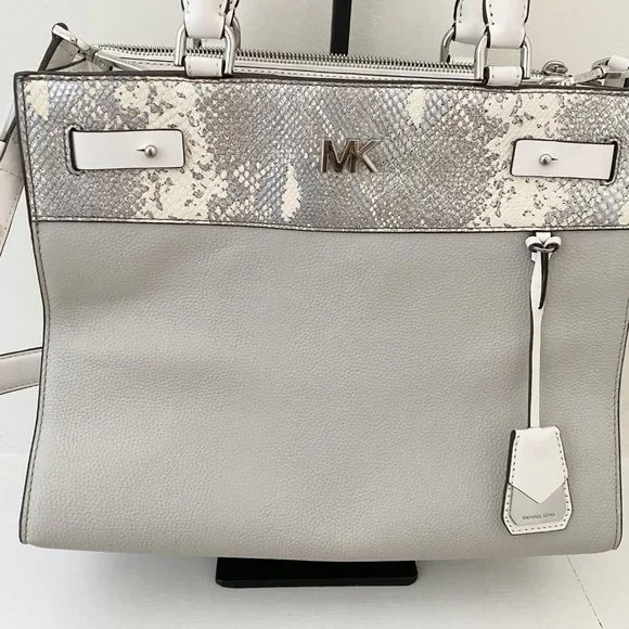 Michael Kors Reagan Leather Snakeskin Large Satchel Bag Alumn Pewter