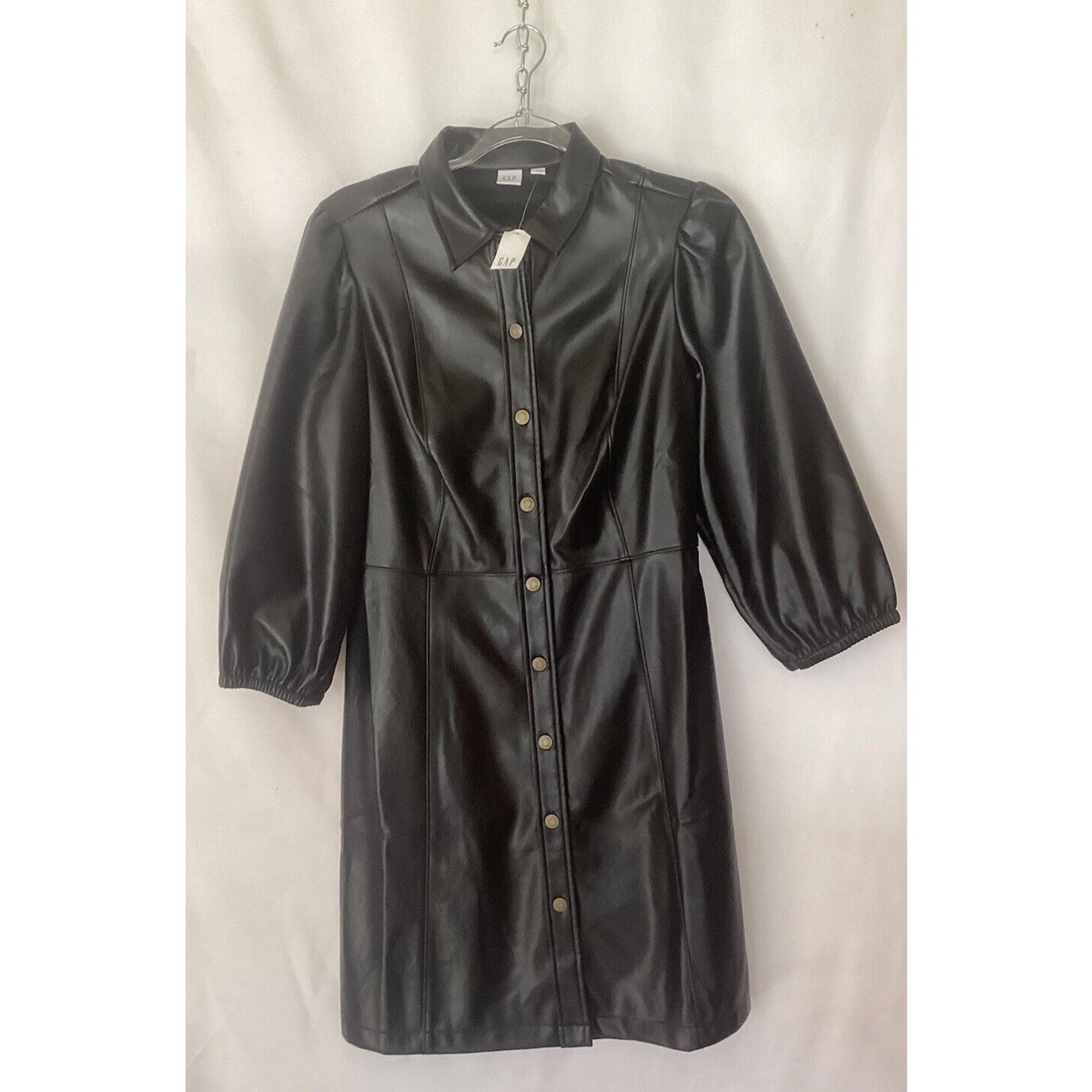 GAP Puff Sleeve Leather Mini Dress Black Sz Medium NWT