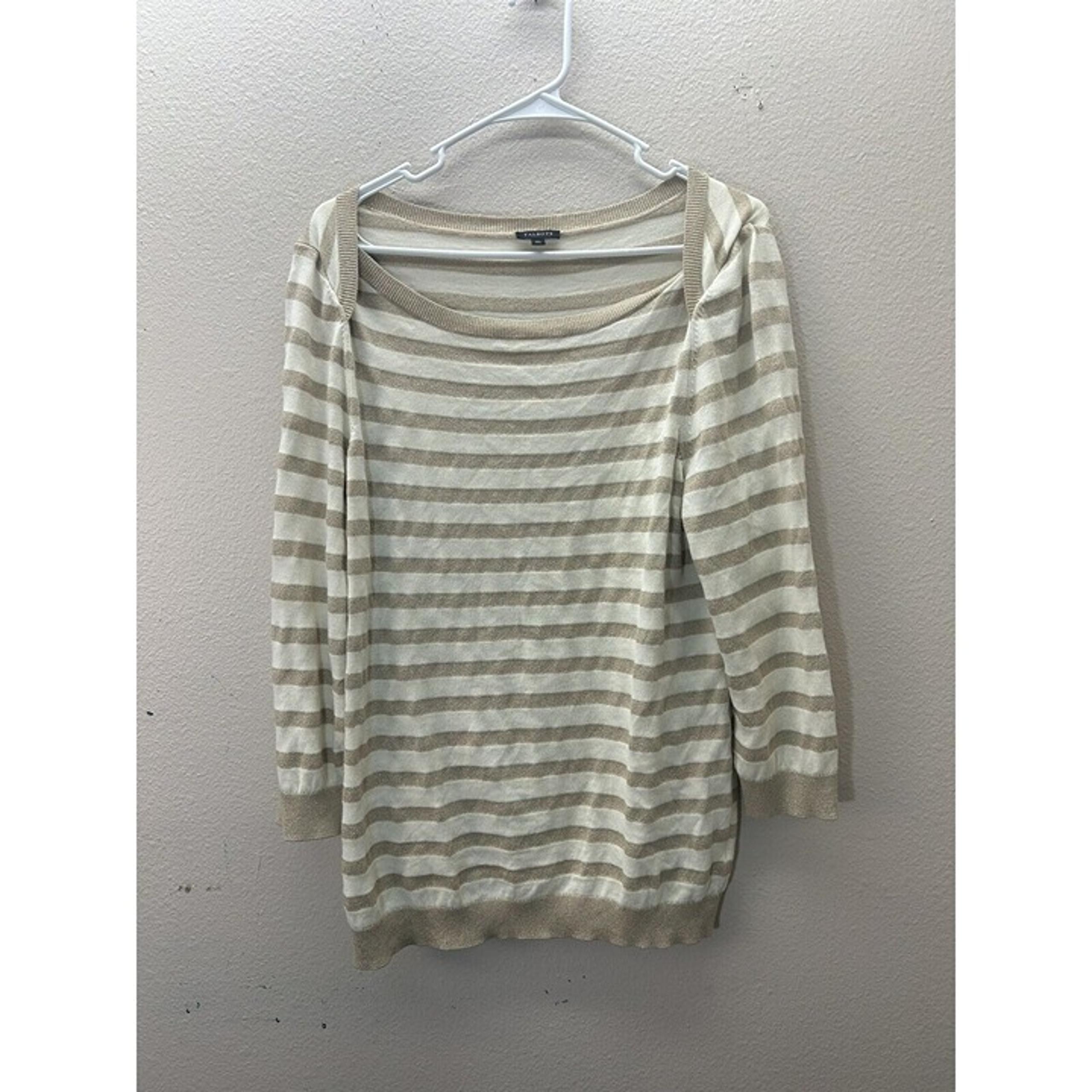 Talbots Metallic Gold Cream Sweater Striped Women Size XL Scoop Neck