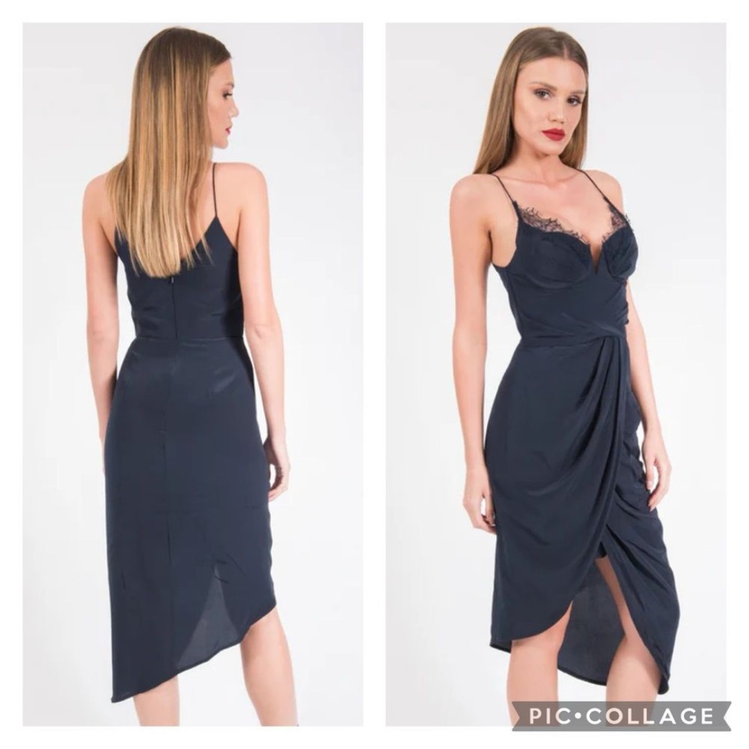 Zimmermann 0 Navy Blue Silk Lace Bustier Draped Midi Dress