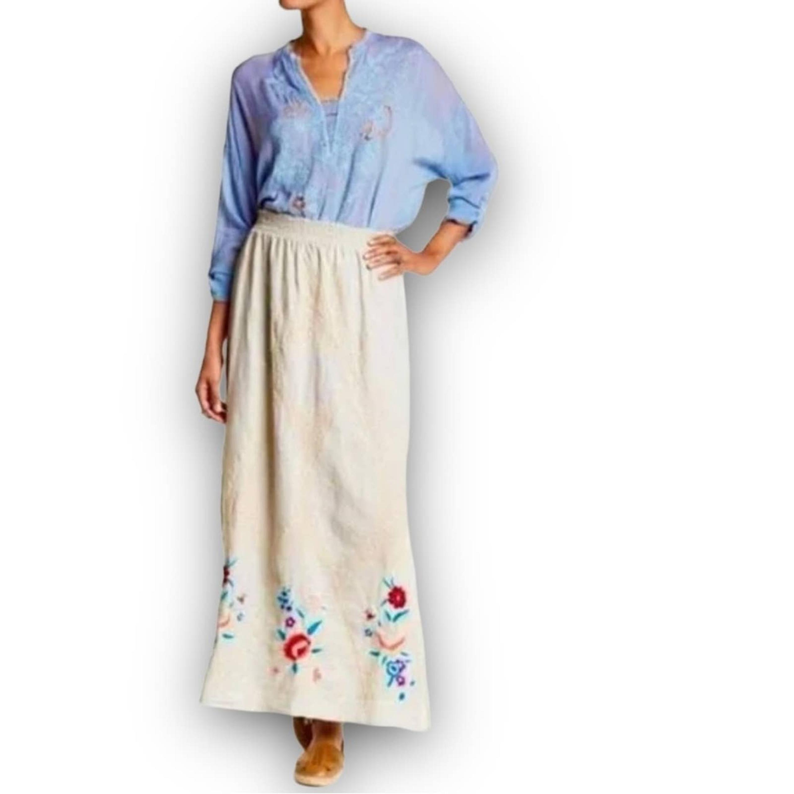 Johnny Was Eliza Skirt Boho Linen Maxi Skirt All Over Embroidery Size Small