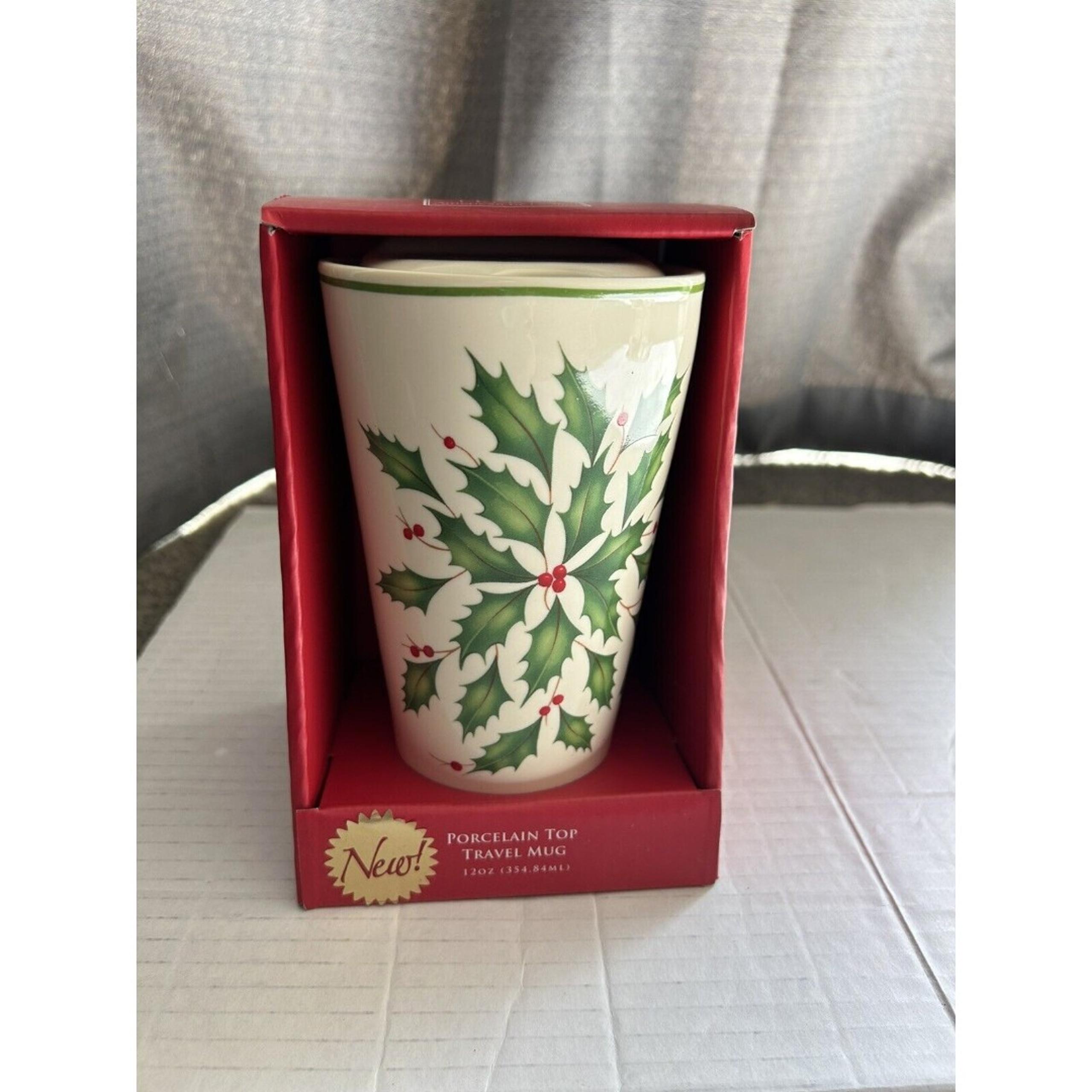 NIB Lenox HOLIDAY Pattern Procelain Top Travel Mug Tumbler 12 ounce