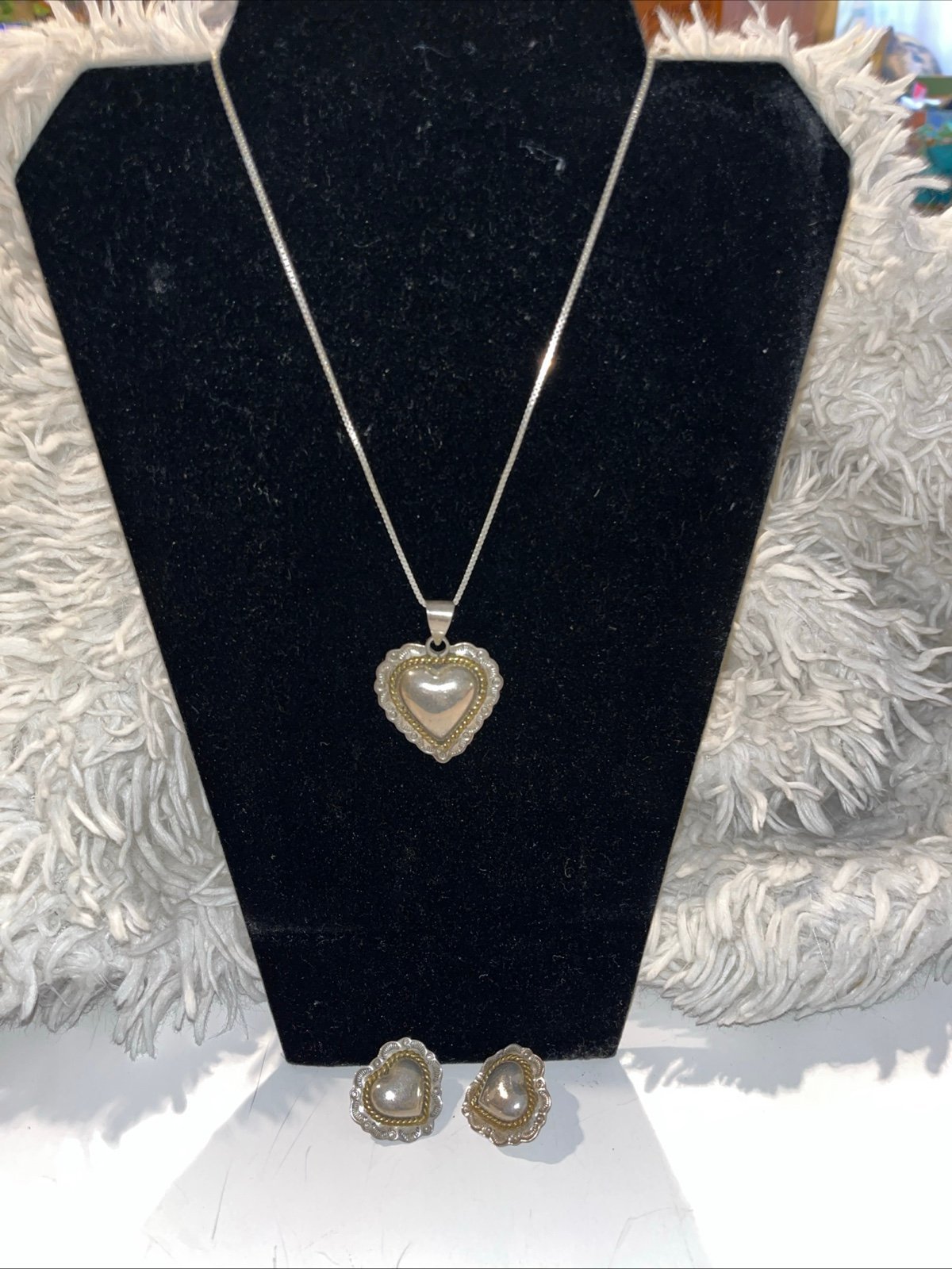 Sterling Silver Heart with gold braid and hand stamp Pendant earrings 925 Chain